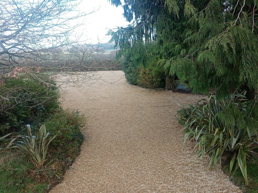 Gravel path between the hedges